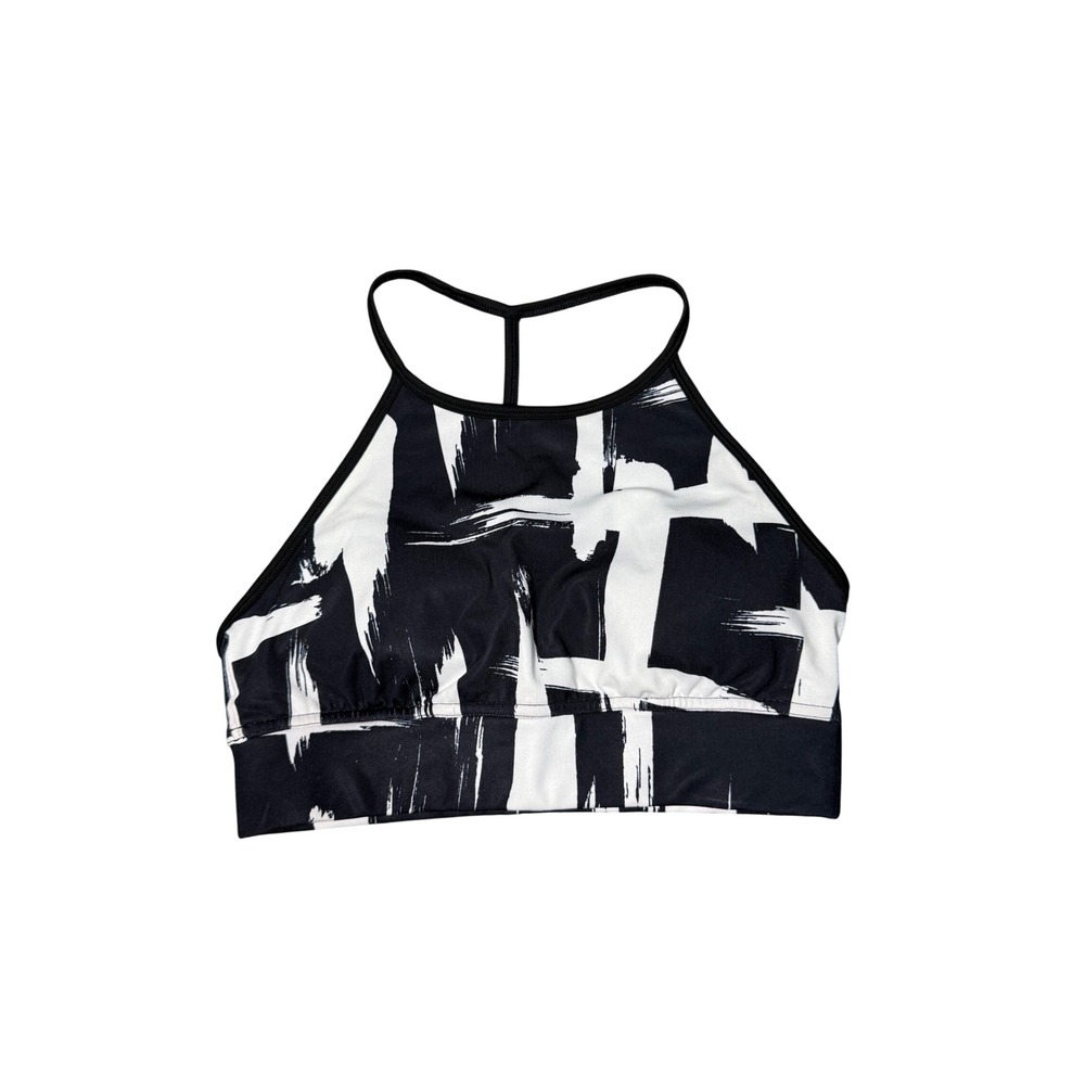 Lucy Power Sports Bra Black White Abstract Print High Neck Strappy Back S NEW